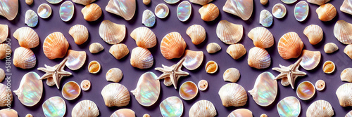 Realistic seamless pattern with mother of pearl seashells. Background for poster  greeting cards  headers  baner  website. digital ai art
