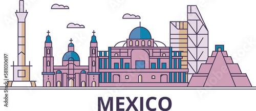 Mexico, Mexico City tourism landmarks, vector city travel illustration