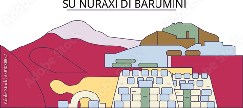 Italy, Barumini, Su Nuraxi Di Barumini tourism landmarks, vector city travel illustration