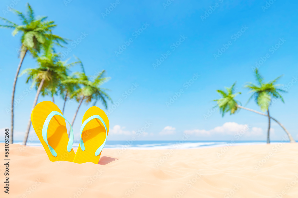 3D rendering of yellow flip flops on sandy beach against palms