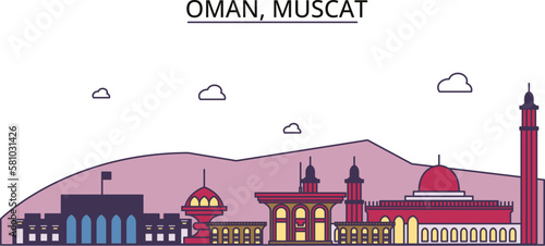 Oman, Muscat tourism landmarks, vector city travel illustration