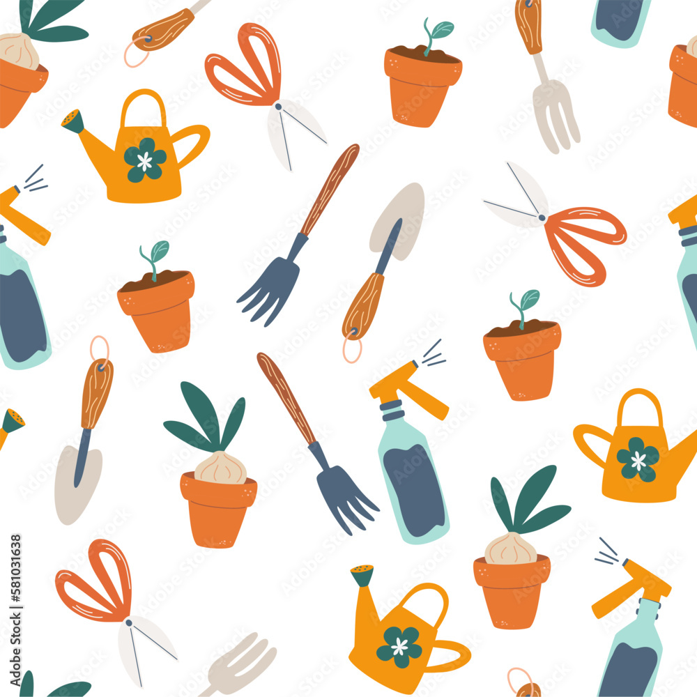Gardening tools seamless pattern. Perfect for fabric, wallpaper, scrapbboking, textile, baby and children products. Vector cute hand drawn print illustration ated on the white background. Gardening tools seamless pattern. Perfect for fabric, wallpaper, scrapbboking, textile, baby and children products. Vector cute hand drawn print illustration ated on the white background.