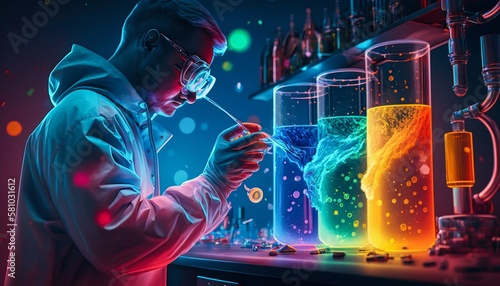 Doctor scientist professor investigating liquid colorful solutions in a futuristic lab. Generative AI