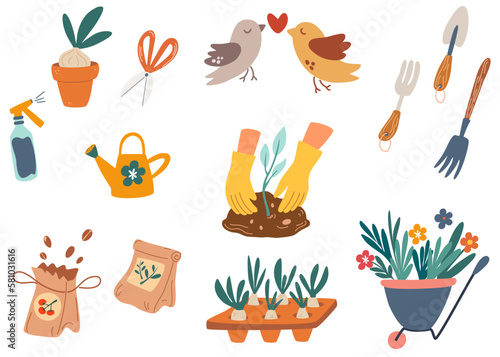 Spring gardening outdoor illustrations set. Garden tools, Plants, flowers, and birds seasonal flat style collection. Vector cartoon illustration isolated on the white background. 