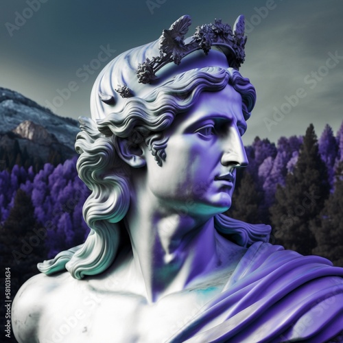 Vintage fantasy: Bust and marble head of the Apollo Belvedere celebrated sculpture from Classical Antiquity against a nature landscape. Content made with generative AI not based on real person. photo