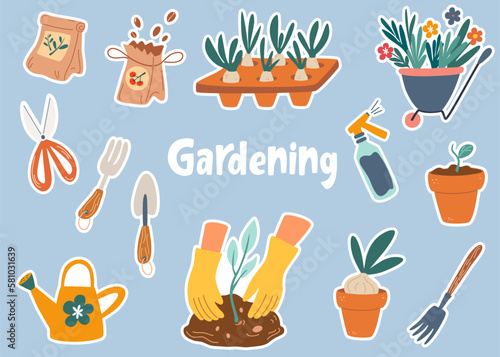Gardening tools stickers. Wheelbarrow with flowers, sprouts, watering can, seedlings, gardening tools collection. Vector cartoon illustration isolated on the white background. 