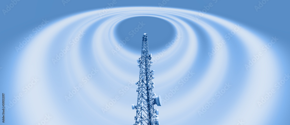 Antenna tower of telecommunication and Phone base station with TV and wireless internet antennas  - obrazy, fototapety, plakaty 