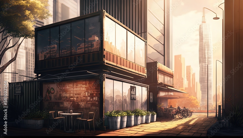 concept of sustainability and recycle , container box remake as restaurant, office or house or hotel, landscape of urban cityscape as background, Generative Ai