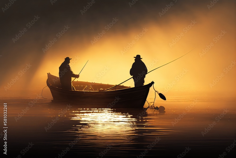 Two fishermen in boat at sunrise lake or river. Generative AI