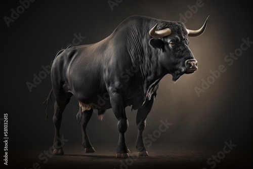 A large black bull. Realistic, dark background, horns, powerful, artiodactyl, cattle, generated, creative, strength, durable, wildlife. dangerous, bovine, beast, breed. male. Animals concept. AI