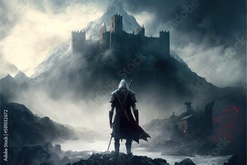 Fotografia The Witcher stands in front of the castle shrouded in mist
