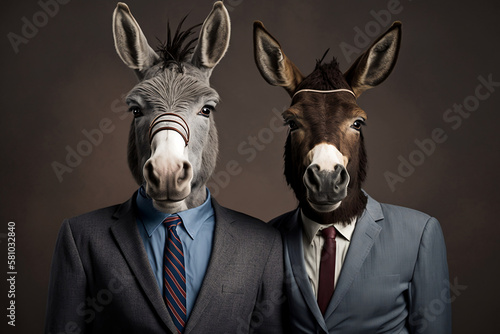 The Burro Business: Donkey Couple in Sleek Business Suits, Creative stock image of animal couple in business suit. Generative AI © ShadowHero