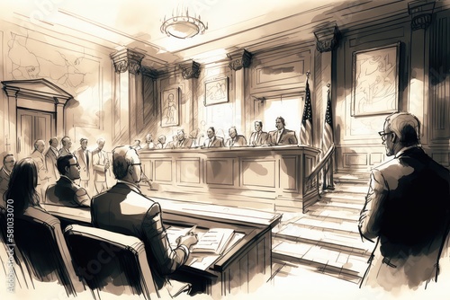 Court session in USA, sketch of trial. Generative AI