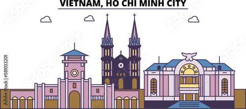 Vietnam, Ho Chi Minh City tourism landmarks, vector city travel illustration