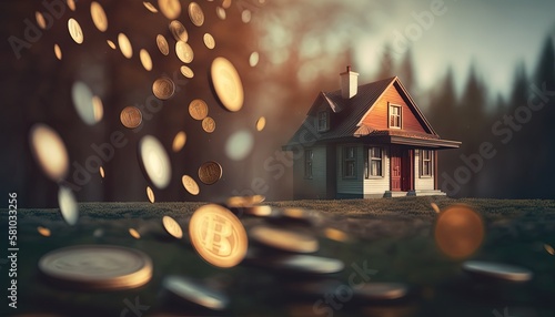 Wallpaper Mural a houses with a lot of coin stack on ground with sunlight , idea for property investment, income , tax, and passive income, Generative Ai Torontodigital.ca