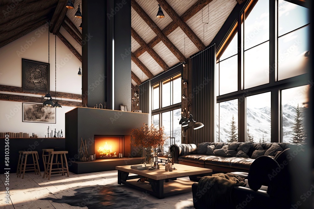 chalet interior of ious living room with hanging lights, burning ...