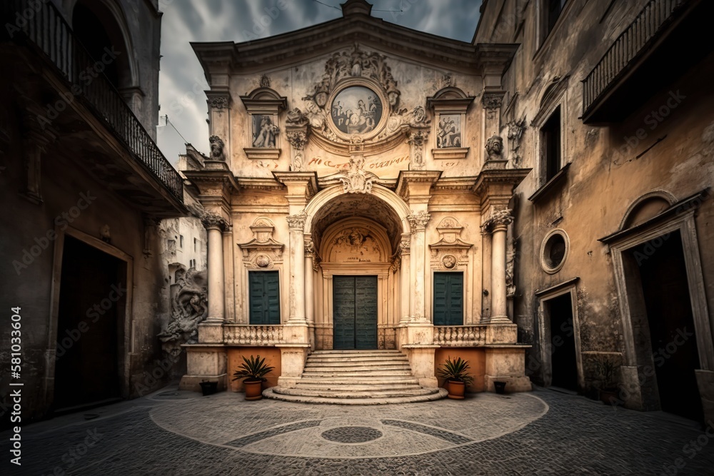 Matera, Italy - 15.02.19: Entrance of baroque styled Chiesa di Santa Chiara, dated C 16th, located next to the National Archaeological Museum 