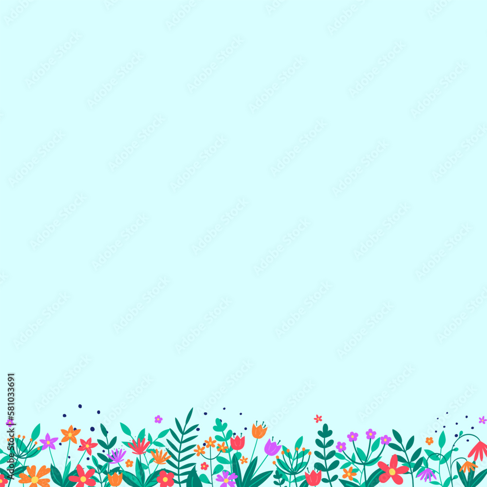 Spring decoration. Floral background with colourful blooming flower and leaves. Vector illustration