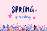 Spring is coming background. Floral card with colourful blooming flower and leaves. Panoramic header. Vector illustration