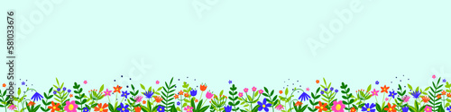 Spring background. Floral banner with colourful blooming flower and leaves. Panoramic header. Vector illustration