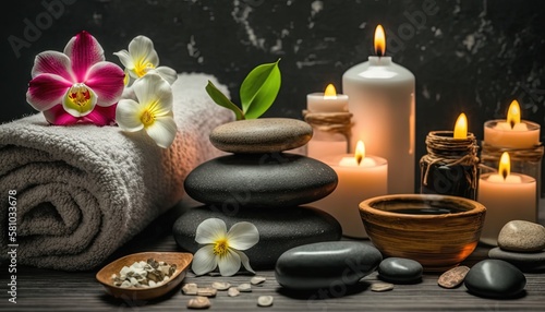 spa and wellness background wallpaper  flowers  stone and candles  Generative Ai