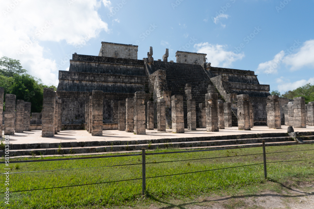 Temple of a Thousand Warriors near Chichen Itza monument, Mexico in summer with shining sun