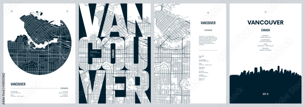 Fototapeta premium Set of travel posters with Vancouver, detailed urban street plan city map, Silhouette city skyline, vector artwork