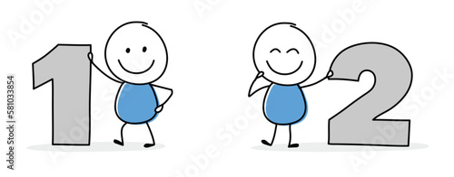 Collection of a cartoon stickman holding number one and two icons. Hand drawn symbols for business presentation. Vector illustration