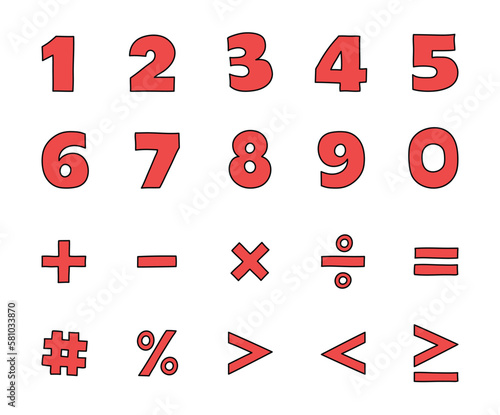 Collection of numbers from 0 to 9 and mathematical symbols. Hand drawn icons. Vector illustration