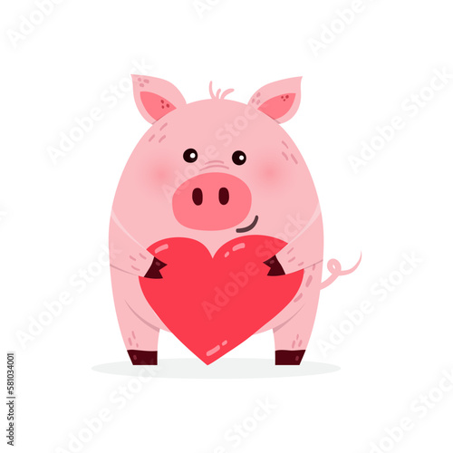 Cute cartoon pig with heart on a white background. Design of a funny animal character. Vector illustration © Karolina Madej