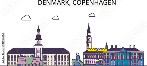 Denmark, Copenhagen tourism landmarks, vector city travel illustration
