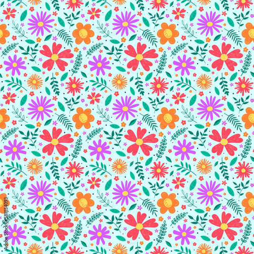 Floral texture. Spring background with colourful blowing flowers and leaves. Vector illustration