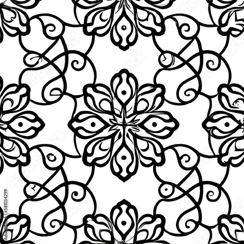 Pattern with thin lines and scrolls on white background. Monochrome abstract floral linear texture. Seamless ornamental design. Vector design for swatches, 