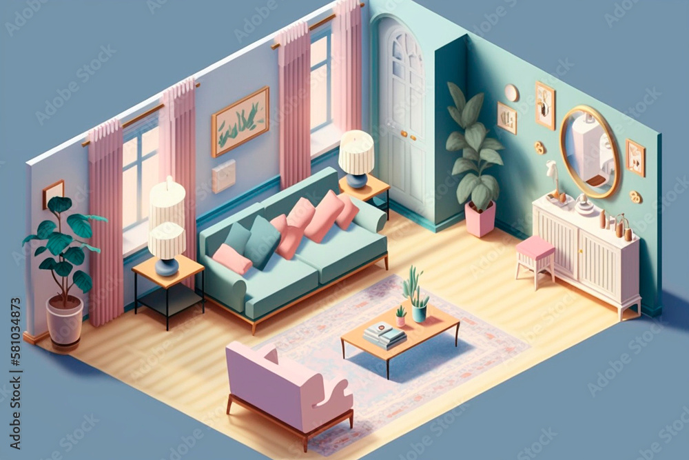 isometric view livingroom interior, pastel color, blue and pink