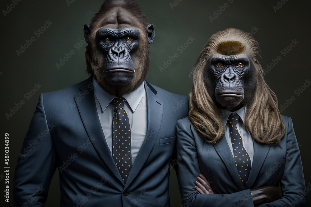 Gorilla Bosses: A Powerful Primate Couple in Sharp Business Suits, Creative stock image of animal couple in business suit. Generative AI Gorilla Bosses: A Powerful Primate Couple in Sharp Business Suits, Creative stock image of animal couple in business suit. Generative AI