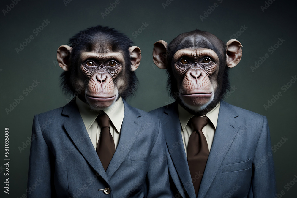 Climbing the Corporate Ladder: Chimpanzee Couple in Stylish Business Attire, Creative stock image of animal couple in business suit. Generative AI