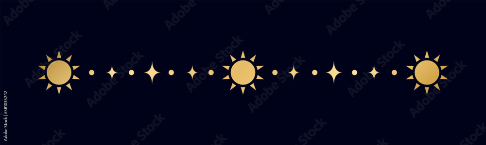 Gold celestial separator with sun, stars, moon phases, crescents. Ornate boho mystic divider decorative element Gold celestial separator with sun, stars, moon phases, crescents. Ornate boho mystic divider decorative element