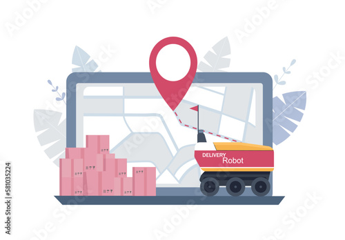 Delivery or logistic service concept. Computer, map, boxes and robot-courier. Vector illustration.