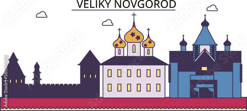 Russia, Veliki Novgorod tourism landmarks, vector city travel illustration