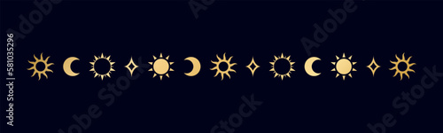 Gold celestial separator with sun, stars, moon phases, crescents. Ornate boho mystic divider decorative element