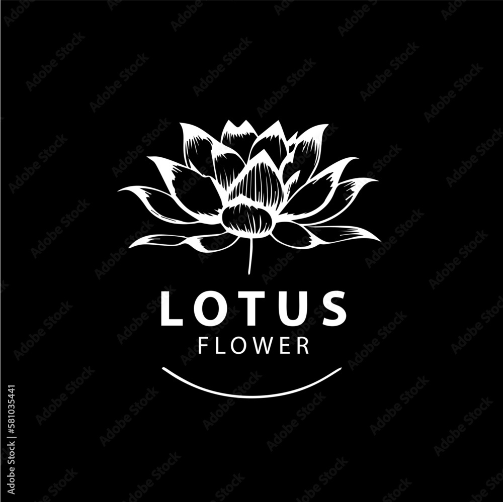 Obraz premium Minimalistic waterlily logo template, white icon of lotus petals flower silhouette on black background, yoga logotype concept, cosmetic emblem, tattoo. Vector illustration