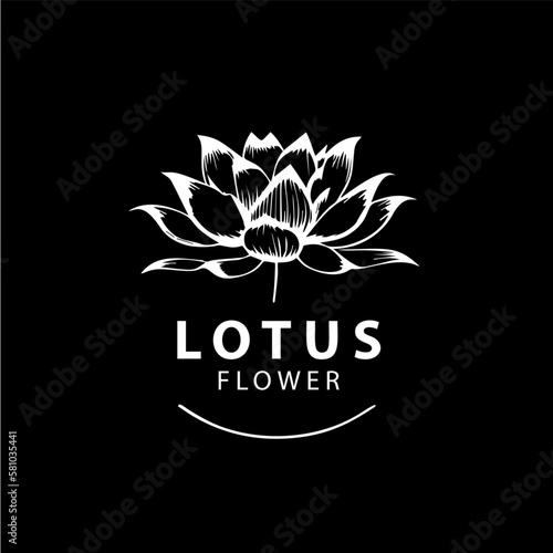 Minimalistic waterlily logo template, white icon of lotus petals flower silhouette on black background, yoga logotype concept, cosmetic emblem, tattoo. Vector illustration