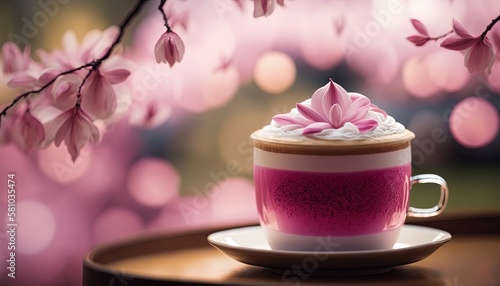 Pink sakura latte milkshake with cherry blossom branch, spring summer season greeting drink, Generative Ai