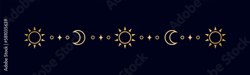 Gold celestial separator with sun, stars, moon phases, crescents. Ornate boho mystic divider decorative element