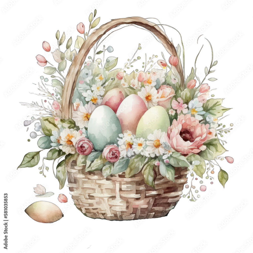 Easter basket with flowers and easter eggs. Transparent background. Generative AI