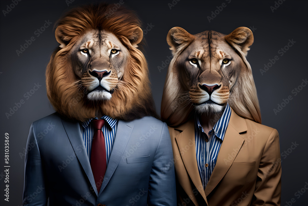 Roaring Success: Lion Couple Dressed for Business in Sharp Suits, Creative stock image of animal couple in business suit. Generative AI