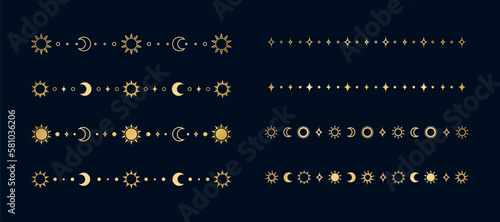 Gold celestial separator set with sun, stars, moon phases, crescents. Ornate boho mystic divider decorative element