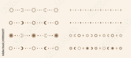 Celestial mystic separator set with sun, stars, moon phases, crescents. Ornate boho magical divider decorative element
