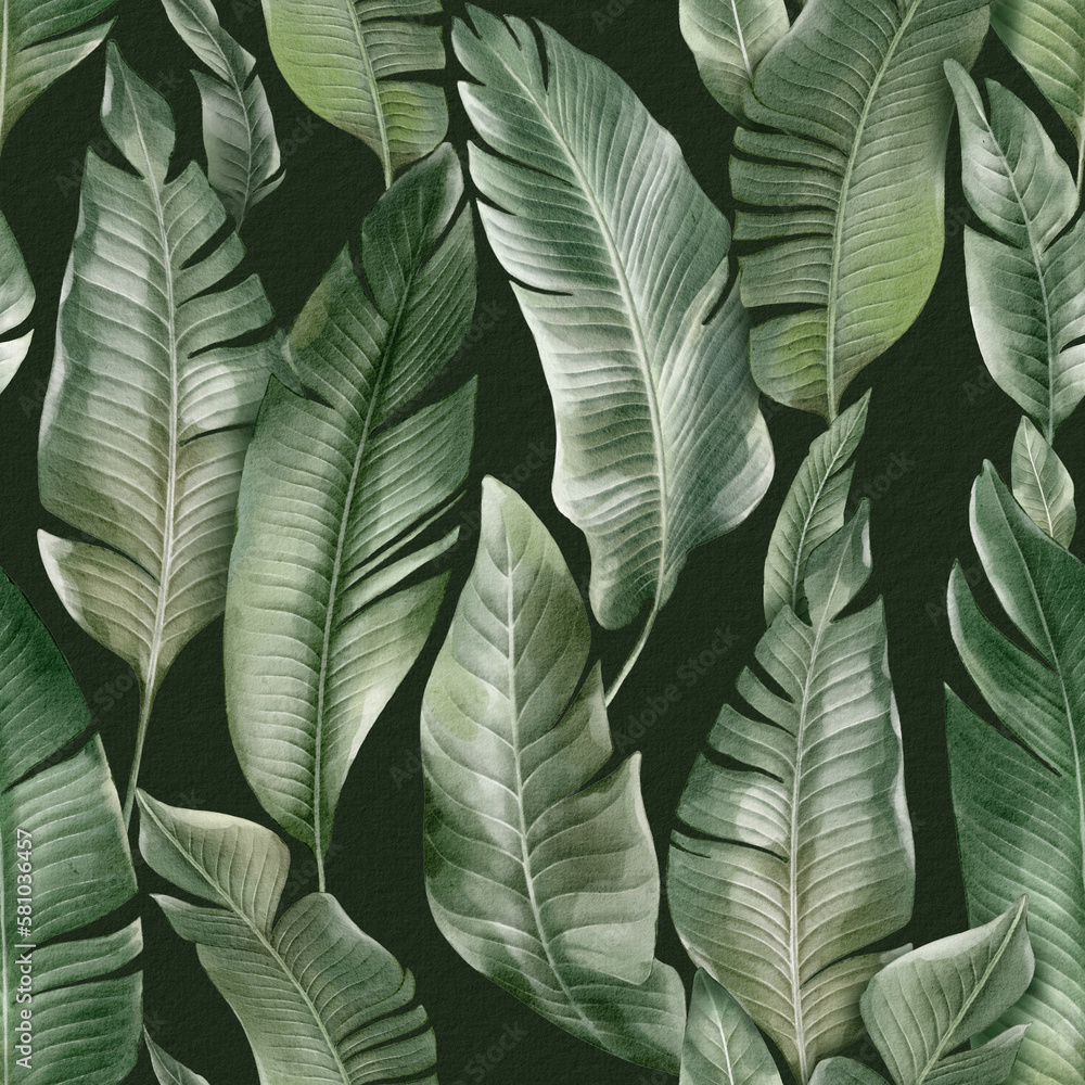 Fototapeta premium Seamless floral pattern with Banana palm leaves hand-drawn painted in watercolor style. The seamless pattern can be used on a variety of surfaces, wallpaper, textiles or packaging 