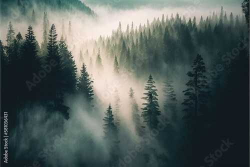 Forest in the fog. Realism, green, light fog, sun rays. Illustration. AI